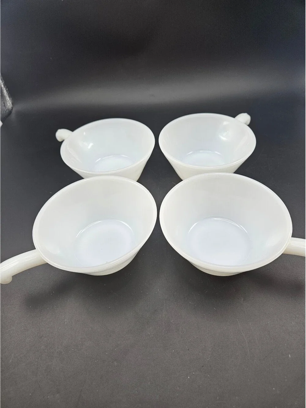 Set of 4 Fire-King Anchor Hocking White Milk Glass Handled Soup Chili Bowls #22